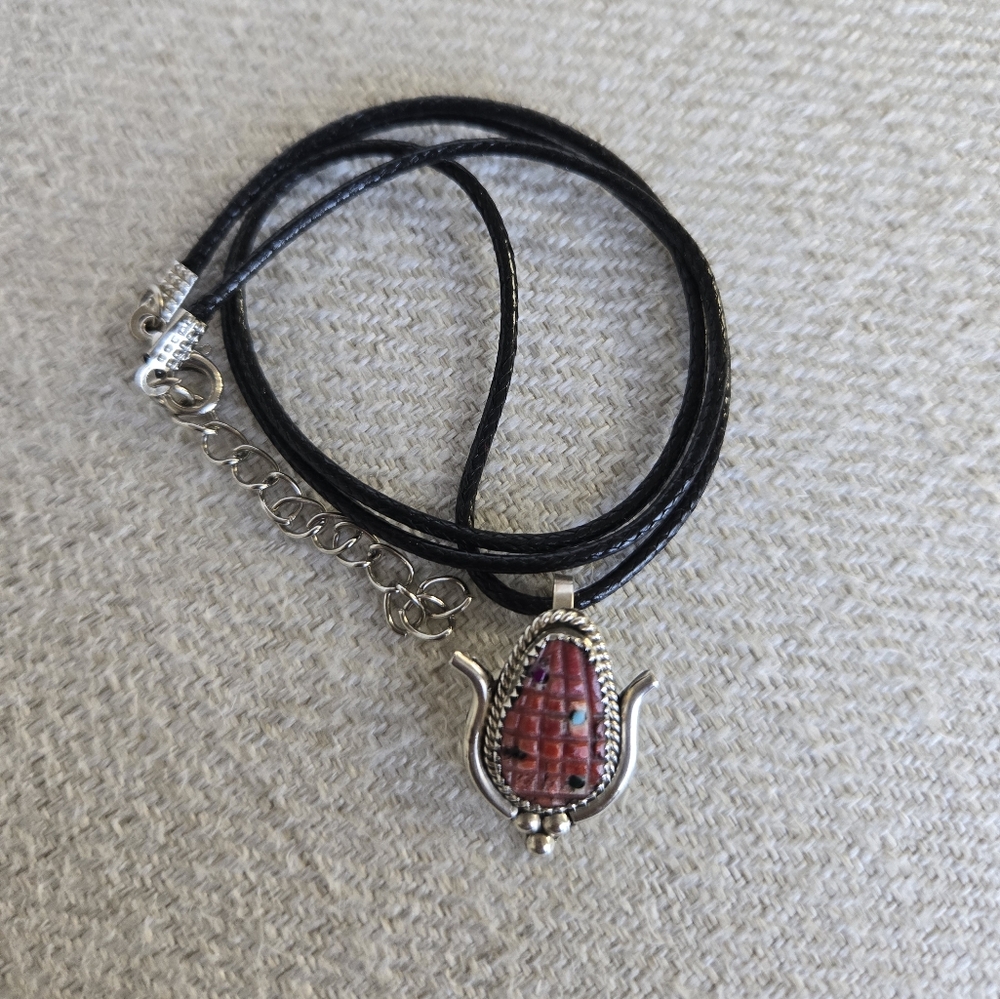 Native Zuni Cornhusk Sterling silver pendant necklace